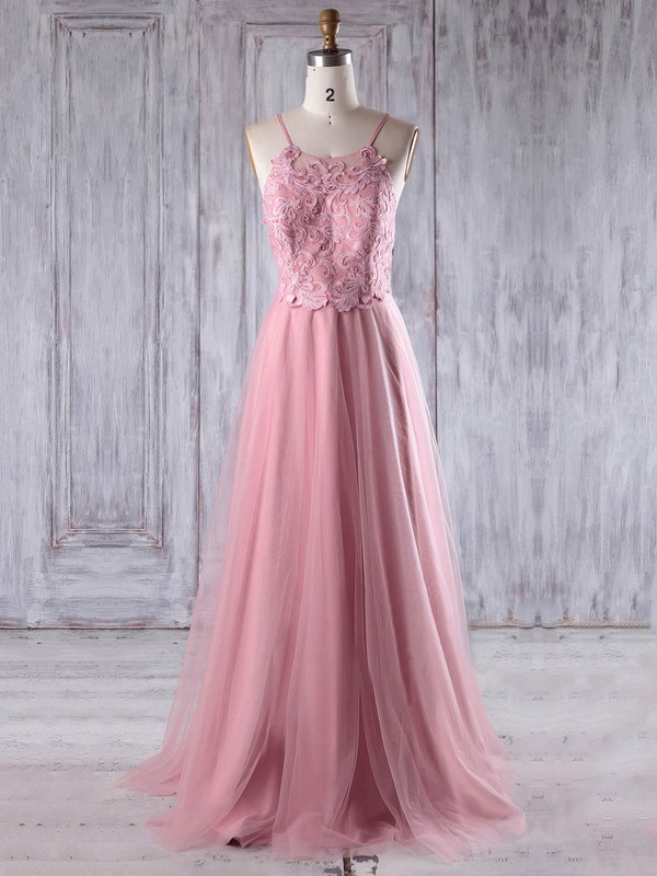 Tulle A-line Scoop Neck Floor-length with Appliques Lace Bridesmaid Dresses #JCD01013243