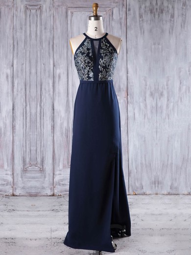 Chiffon A-line Scoop Neck Floor-length with Split Front Bridesmaid Dresses #JCD01013246
