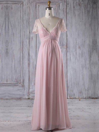 Lace Chiffon Empire V-neck Floor-length with Ruffles Bridesmaid Dresses #JCD01013249