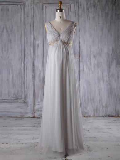 Chiffon Empire V-neck Floor-length with Appliques Lace Bridesmaid Dresses #JCD01013259