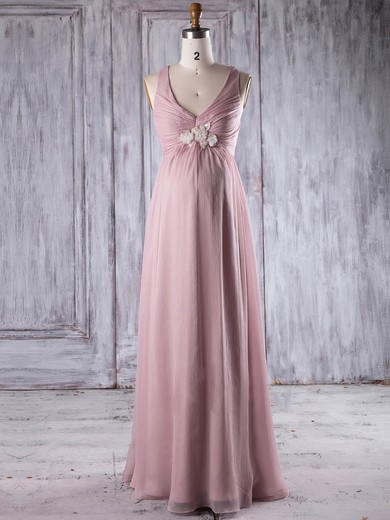 Chiffon Empire V-neck Floor-length with Flower(s) Bridesmaid Dresses #JCD01013263
