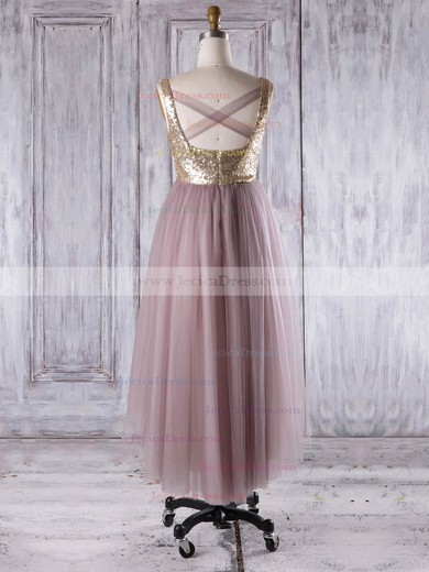 Tulle Sequined A-line V-neck Asymmetrical with Ruffles Bridesmaid Dresses #JCD01013276