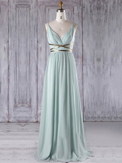 Chiffon A-line V-neck Floor-length with Sashes / Ribbons Bridesmaid Dresses #JCD01013281