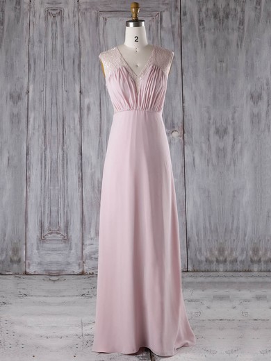 Lace Chiffon A-line V-neck Floor-length with Ruffles Bridesmaid Dresses #JCD01013282