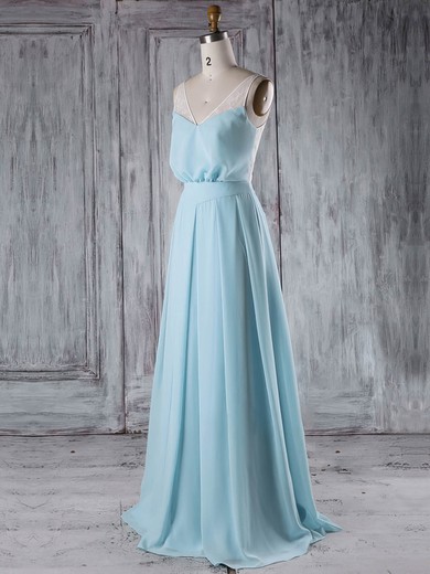 Chiffon A-line V-neck Floor-length with Lace Bridesmaid Dresses #JCD01013289