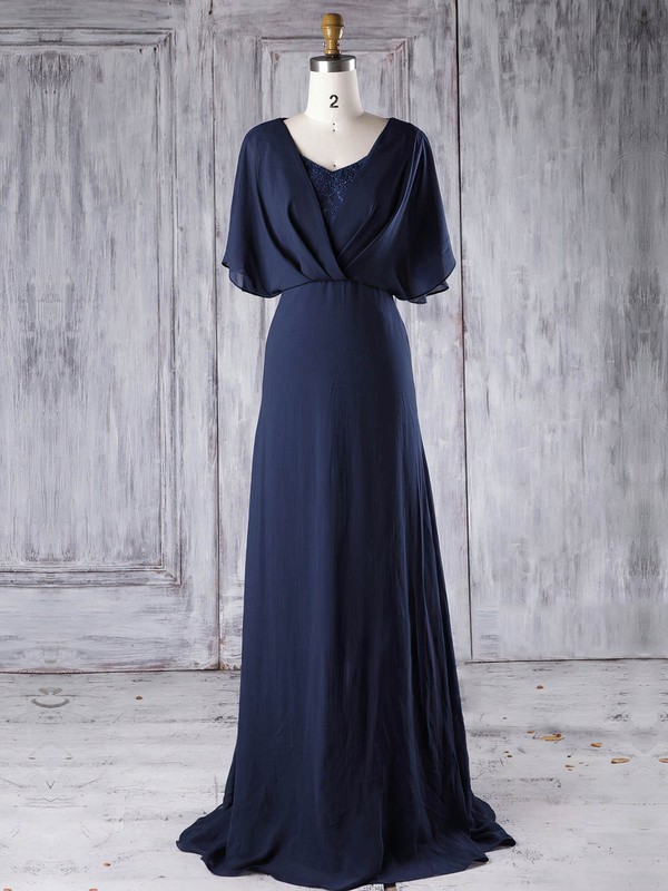 Lace Chiffon A-line V-neck Sweep Train with Sequins Bridesmaid Dresses #JCD01013290