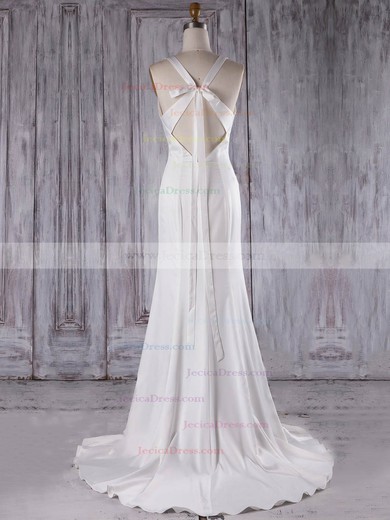Silk-like Satin Trumpet/Mermaid V-neck Sweep Train with Ruffles Bridesmaid Dresses #JCD01013300