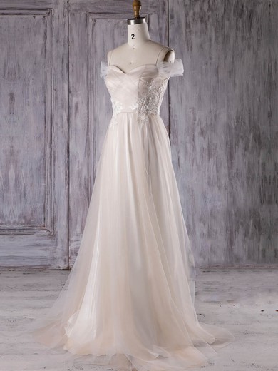 Tulle A-line V-neck Sweep Train with Appliques Lace Bridesmaid Dresses #JCD01013301