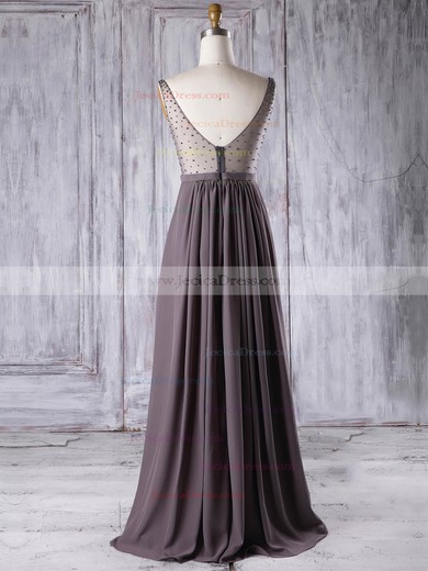 Chiffon Tulle A-line V-neck Floor-length with Pearl Detailing Bridesmaid Dresses #JCD01013304