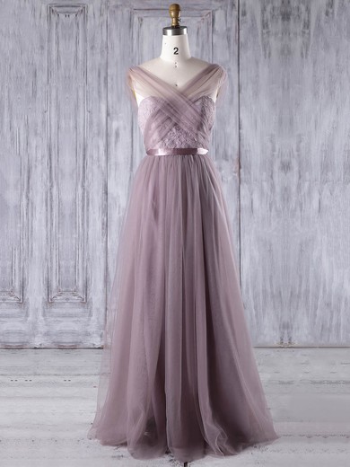 Lace Tulle A-line V-neck Floor-length with Sashes / Ribbons Bridesmaid Dresses #JCD01013308