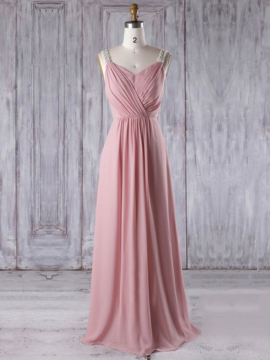Chiffon A-line V-neck Floor-length with Appliques Lace Bridesmaid Dresses #JCD01013309