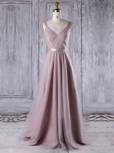Tulle A-line V-neck Floor-length with Sashes / Ribbons Bridesmaid Dresses #JCD01013311