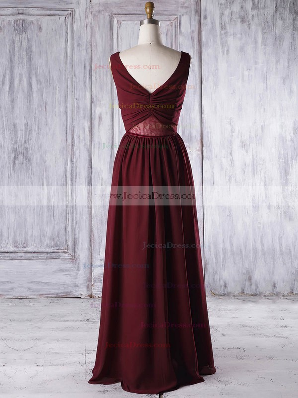 Lace Chiffon A-line V-neck Floor-length with Criss Cross Bridesmaid Dresses #JCD01013316