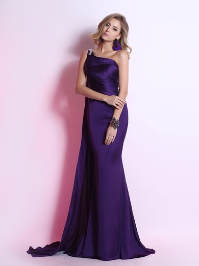 Sweep Train Purple Silk-like Satin Ruffles Great One Shoulder Prom Dress #JCD02023102