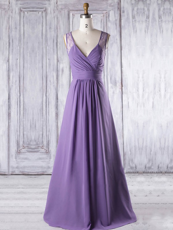 Lace Chiffon A-line V-neck Floor-length with Ruffles Bridesmaid Dresses #JCD01013319