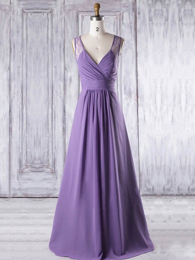 Lace Chiffon A-line V-neck Floor-length with Ruffles Bridesmaid Dresses #JCD01013319