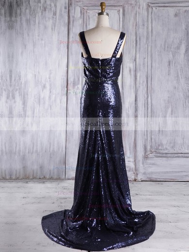 Sequined Sheath/Column Square Neckline Sweep Train with Ruffles Bridesmaid Dresses #JCD01013322