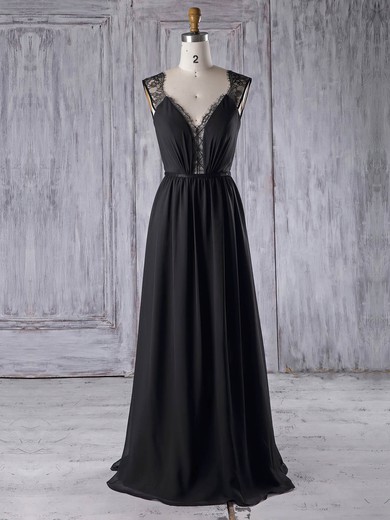 Lace Chiffon A-line V-neck Floor-length with Sashes / Ribbons Bridesmaid Dresses #JCD01013328