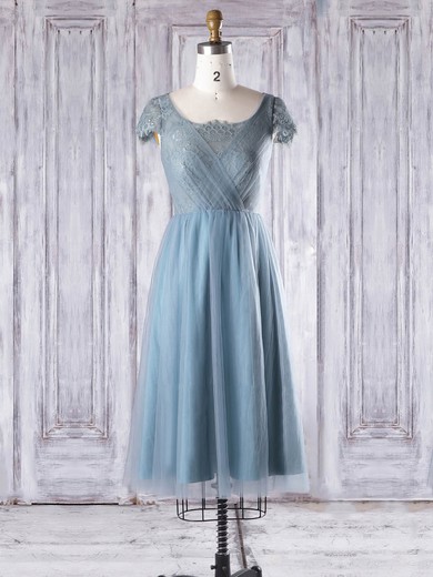 Lace Tulle A-line Scoop Neck Knee-length with Ruffles Bridesmaid Dresses #JCD01013332