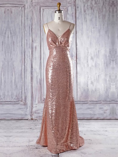 Sequined Trumpet/Mermaid V-neck Sweep Train with Ruffles Bridesmaid Dresses #JCD01013336