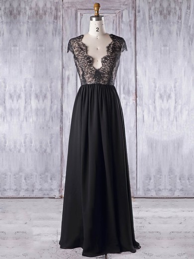 Chiffon Tulle A-line V-neck Floor-length with Lace Bridesmaid Dresses #JCD01013337