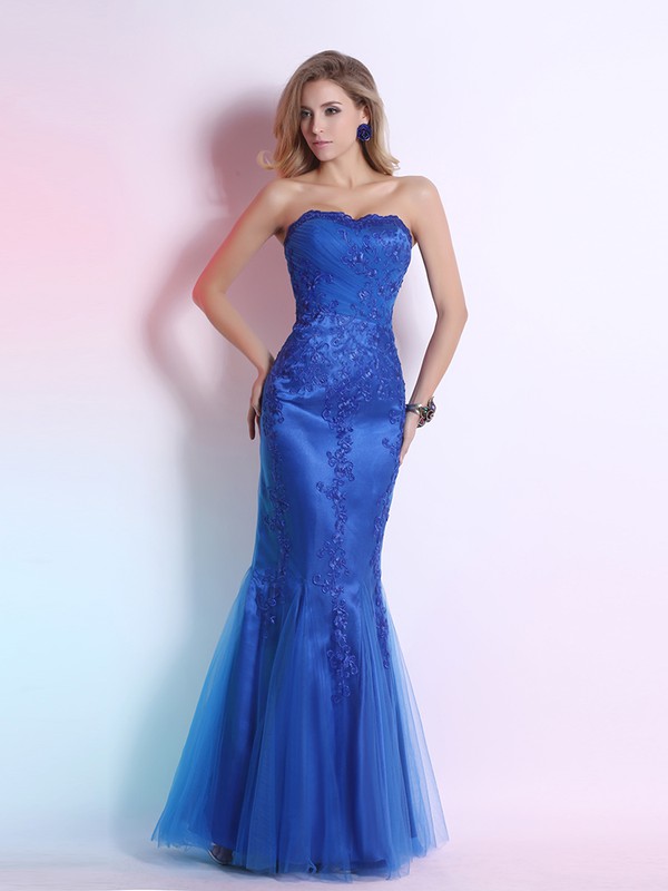 Sweetheart Top Tulle with Embroidered Trumpet/Mermaid Royal Blue Prom Dress #JCD02014294