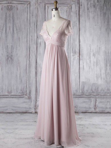Lace Chiffon Empire V-neck Floor-length with Ruffles Bridesmaid Dresses #JCD01013339