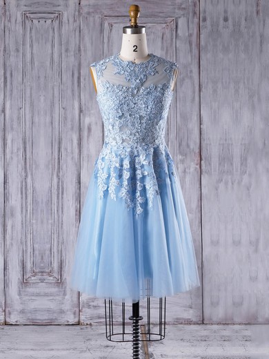 Tulle A-line Scoop Neck Short/Mini with Appliques Lace Bridesmaid Dresses #JCD01013342