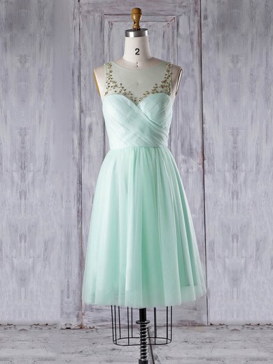 Tulle A-line Scoop Neck Knee-length with Beading Bridesmaid Dresses #JCD01013344