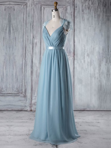 Lace Chiffon A-line V-neck Floor-length with Sashes / Ribbons Bridesmaid Dresses #JCD01013345
