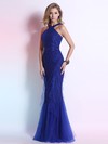 Scoop Neck Beading Trumpet/Mermaid Royal Blue Satin Tulle Prom Dress #JCD02014295