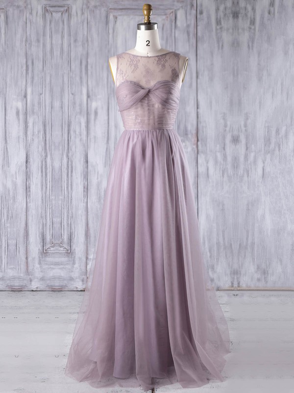 Lace Tulle A-line Scoop Neck Floor-length with Criss Cross Bridesmaid Dresses #JCD01013350
