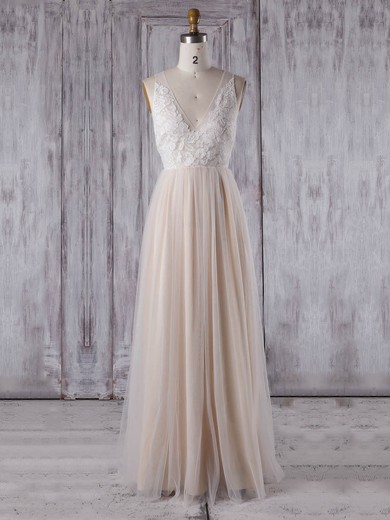 Tulle A-line V-neck Floor-length with Appliques Lace Bridesmaid Dresses #JCD01013351