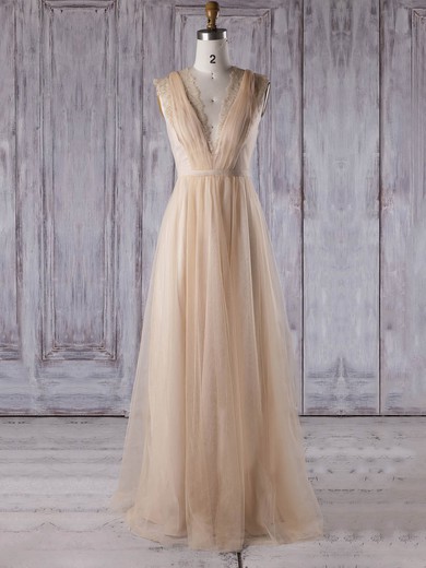 Lace Tulle A-line V-neck Floor-length with Sashes / Ribbons Bridesmaid Dresses #JCD01013353
