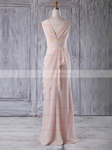 Chiffon Sheath/Column V-neck Floor-length with Ruffles Bridesmaid Dresses #JCD01013356