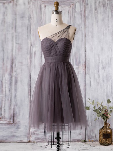 Tulle A-line One Shoulder Short/Mini with Ruffles Bridesmaid Dresses #JCD01013360
