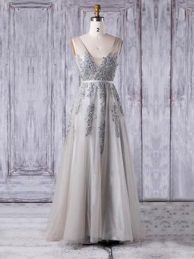 Tulle A-line V-neck Floor-length with Pearl Detailing Bridesmaid Dresses #JCD01013361