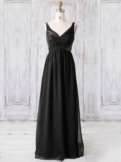 Chiffon A-line V-neck Floor-length with Sequins Bridesmaid Dresses #JCD01013365