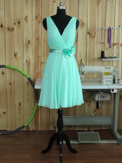 Chiffon A-line V-neck Short/Mini with Sashes / Ribbons Bridesmaid Dresses #JCD01013380