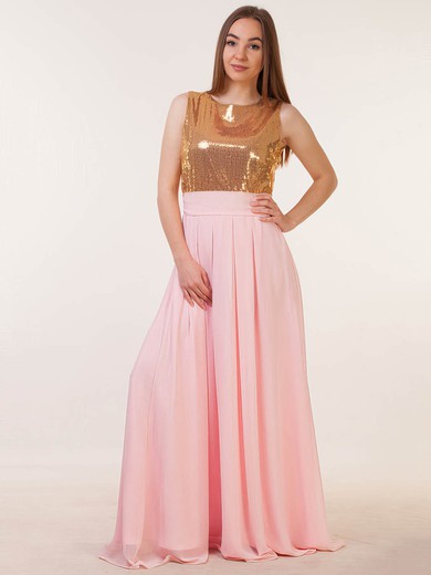 Chiffon Sequined A-line Scoop Neck Floor-length with Sashes / Ribbons Bridesmaid Dresses #JCD01013386