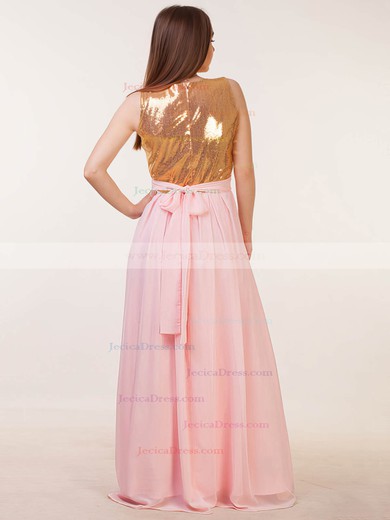 Chiffon Sequined A-line Scoop Neck Floor-length with Sashes / Ribbons Bridesmaid Dresses #JCD01013386