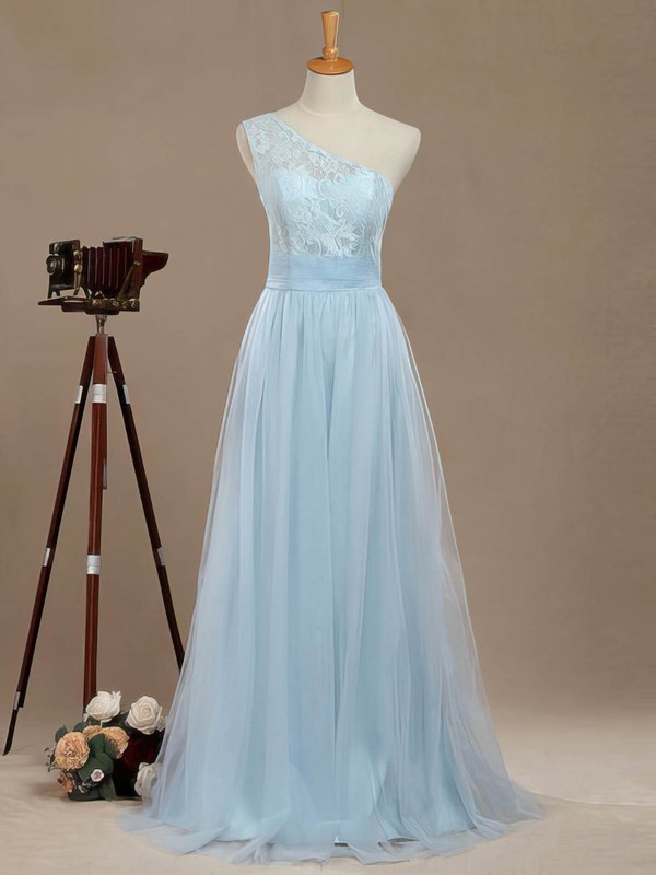 Tulle A-line One Shoulder Floor-length with Lace Bridesmaid Dresses #JCD01013390