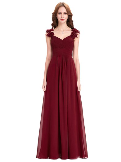 Chiffon A-line V-neck Floor-length with Flower(s) Bridesmaid Dresses #JCD01013393
