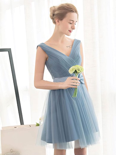 Tulle A-line V-neck Short/Mini with Sashes / Ribbons Bridesmaid Dresses #JCD01013399