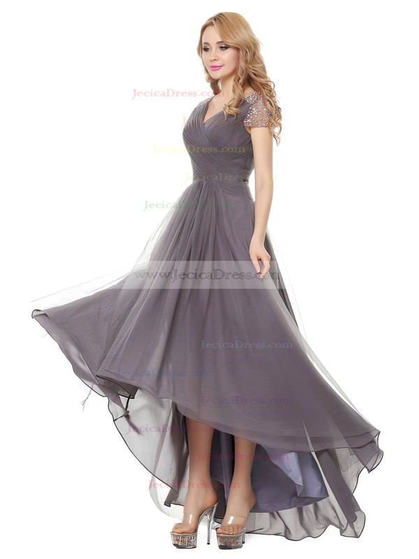 Tulle A-line V-neck Asymmetrical with Beading Bridesmaid Dresses #JCD01013401