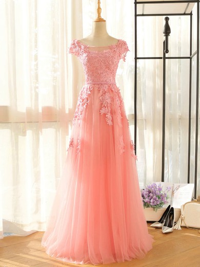 Tulle A-line Scoop Neck Floor-length with Appliques Lace Bridesmaid Dresses #JCD01013407