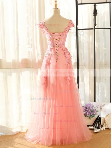 Tulle A-line Scoop Neck Floor-length with Appliques Lace Bridesmaid Dresses #JCD01013407