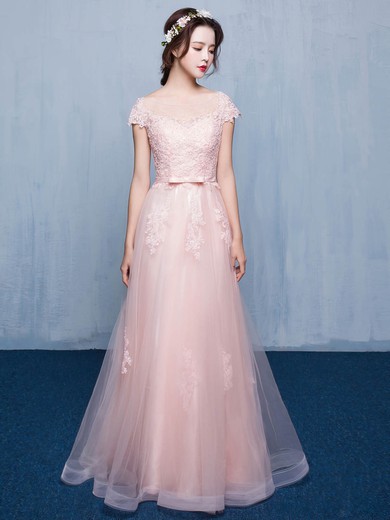 Tulle A-line Scoop Neck Floor-length with Appliques Lace Bridesmaid Dresses #JCD01013414