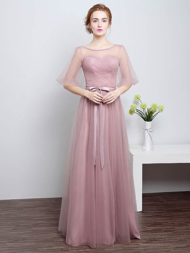 Tulle A-line Scoop Neck Floor-length with Sashes / Ribbons Bridesmaid Dresses #JCD01013430