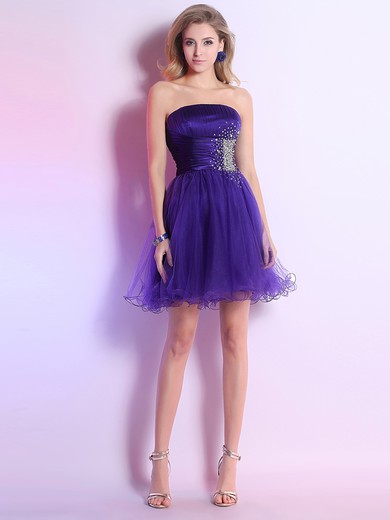 Girls Strapless Beading Lilac Tulle Silk-like-Satin Short/Mini Prom Dresses #JCD02051643
